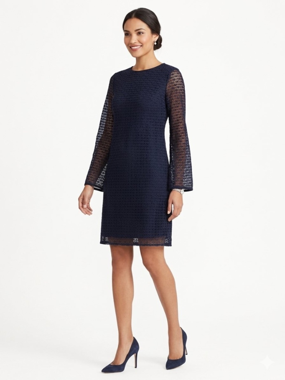 Lauren Ralph Lauren Navy Blue Geometric Medallion Crochet Lace Shift Dress